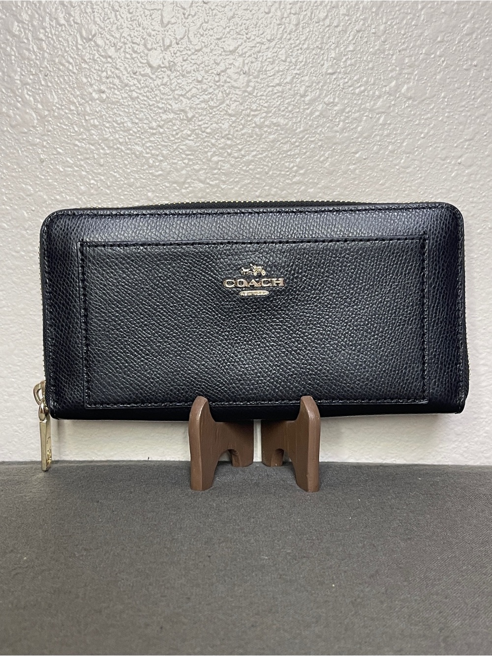 Coach Black Leather Accordion Zip Wallet with Gold Logo
